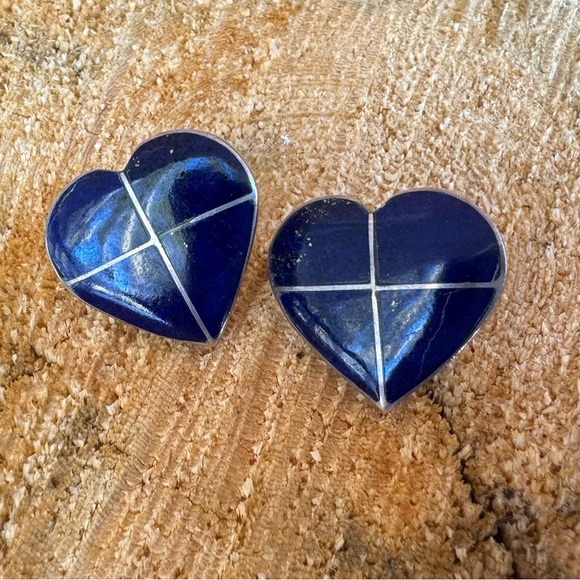 Southwestern Inspired Sterling Silver and Lapis Heart Earrings - Post Style - Picture 4 of 14